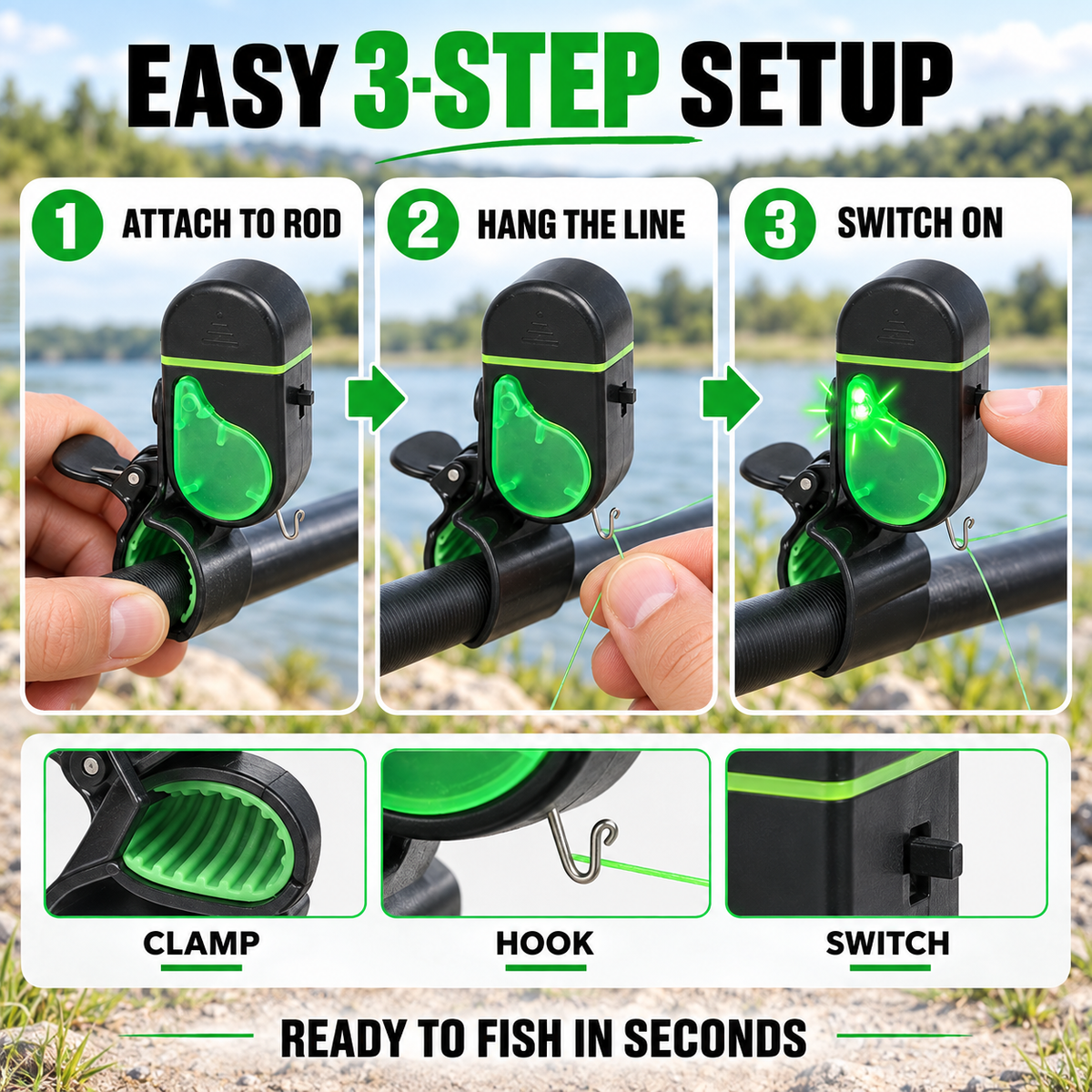 🎣 Electronic Fishing Rod Bite Alarm – High-Volume Buzzer, LED Flash & Adjustable Silicone Clamp