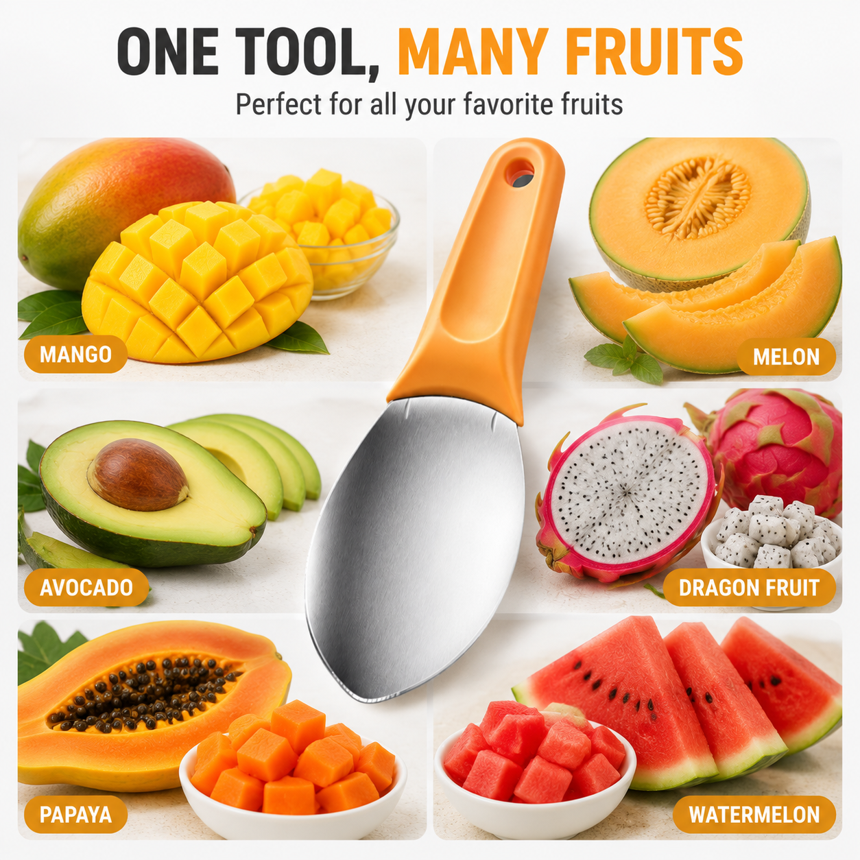 🥭 3-in-1 Fruit Cutter & Scoop Tool – Easy Mango Slicer, Fruit Separator & Serving Spoon for Quick Fruit Preparation
