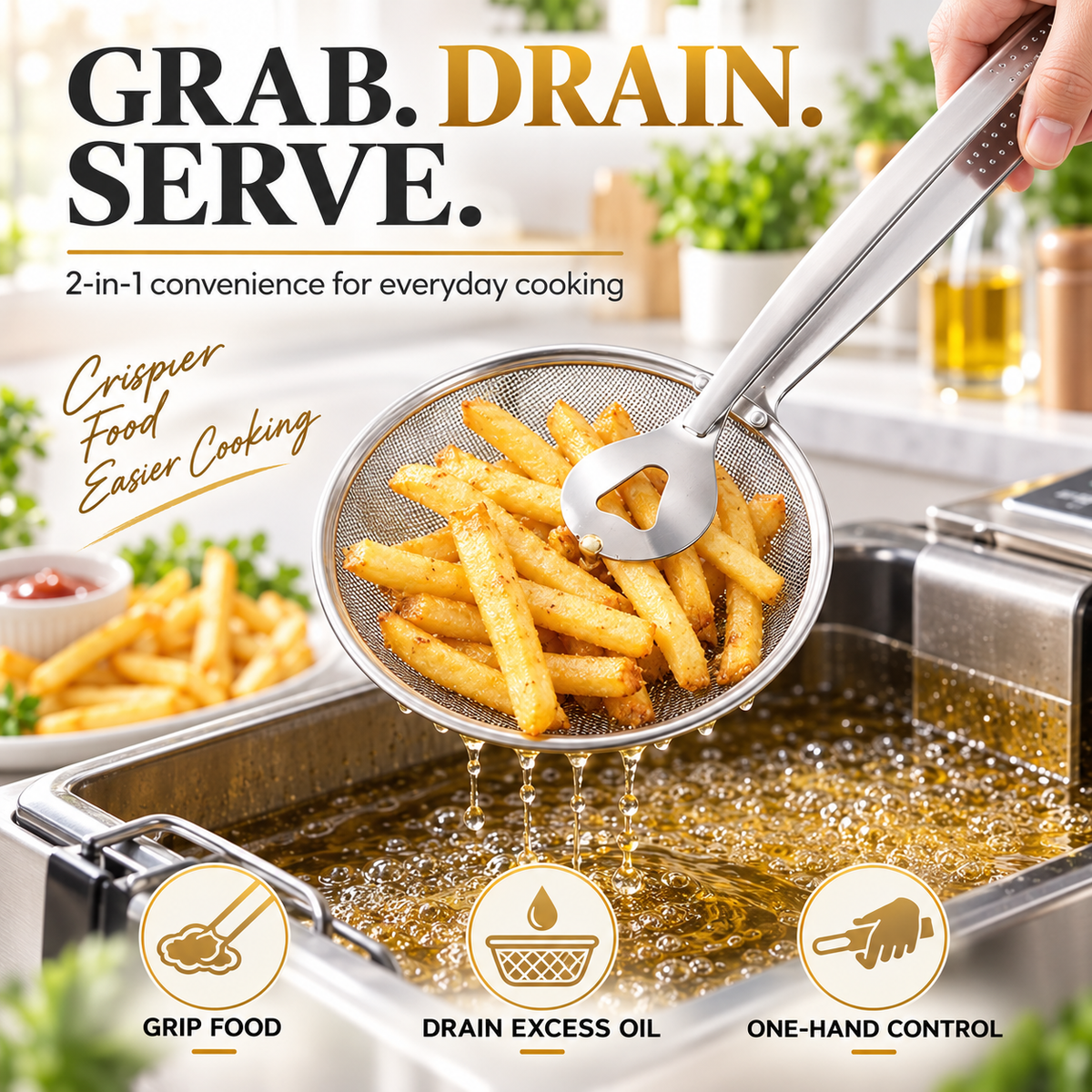 🔥 50% OFF Today 2-in-1 Spider Strainer Tongs for Frying & Draining
