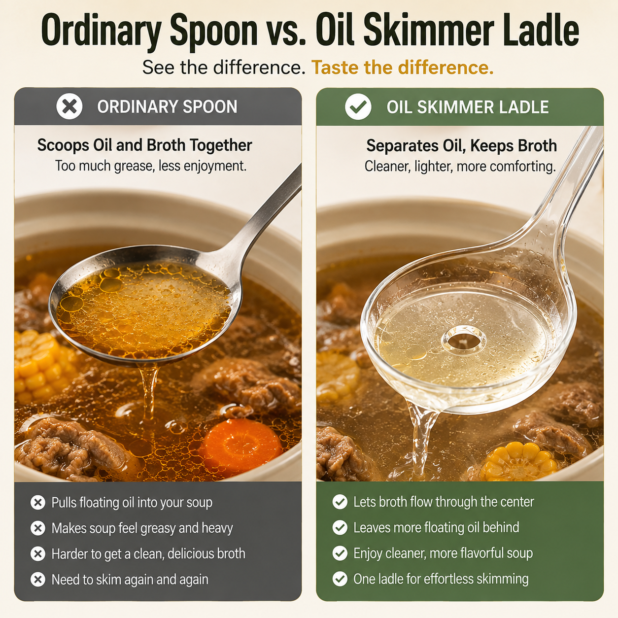 🥣 Fat Skimmer Ladle | Clear Oil Separator Spoon for Soup, Broth & Stew