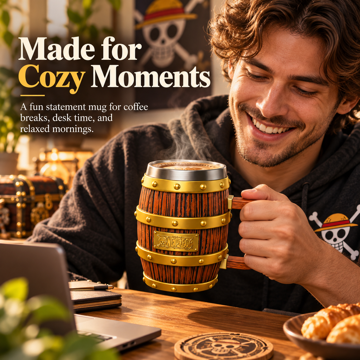 🪵Pirate Barrel Mug Set – Rustic Adventure-Inspired Mug with Lid & Coaster