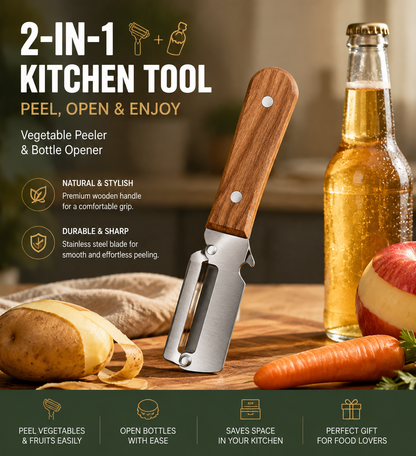 🔪 2-in-1 Wooden Kitchen Peeler & Bottle Opener – Peel, Open & Simplify Your Cooking