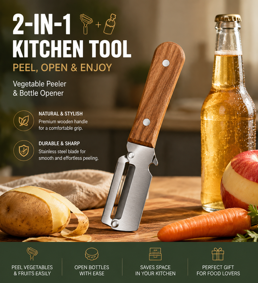 🔪 2-in-1 Wooden Kitchen Peeler & Bottle Opener – Peel, Open & Simplify Your Cooking