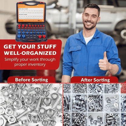 📏 Portable Bolt & Nut Size Gauge – 44-Piece Inch & Metric Thread Checker, Clear Markings, Stainless Steel, Tool Box Included
