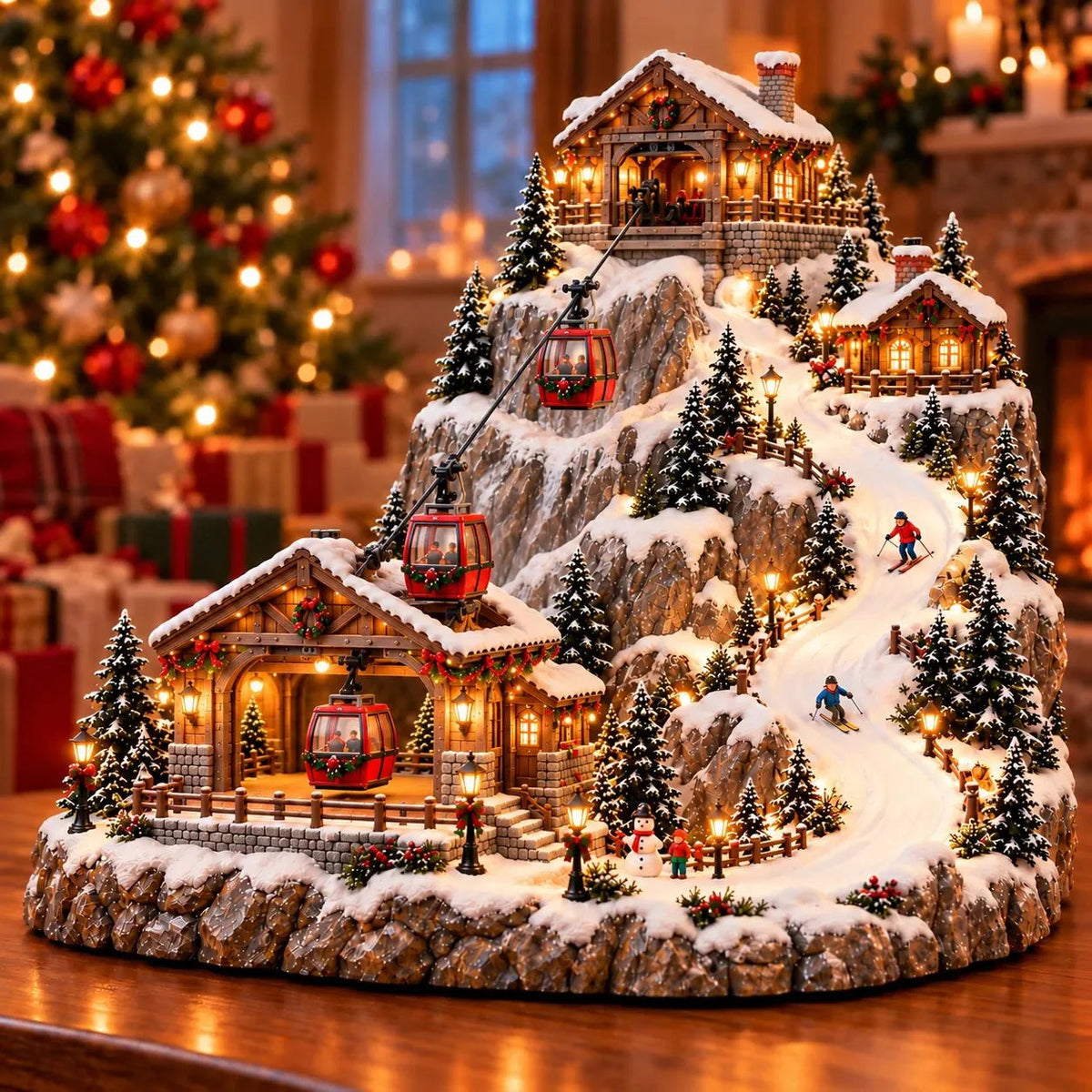 Animated Christmas mountain cable car and ski village scene glowing beside a Christmas tree