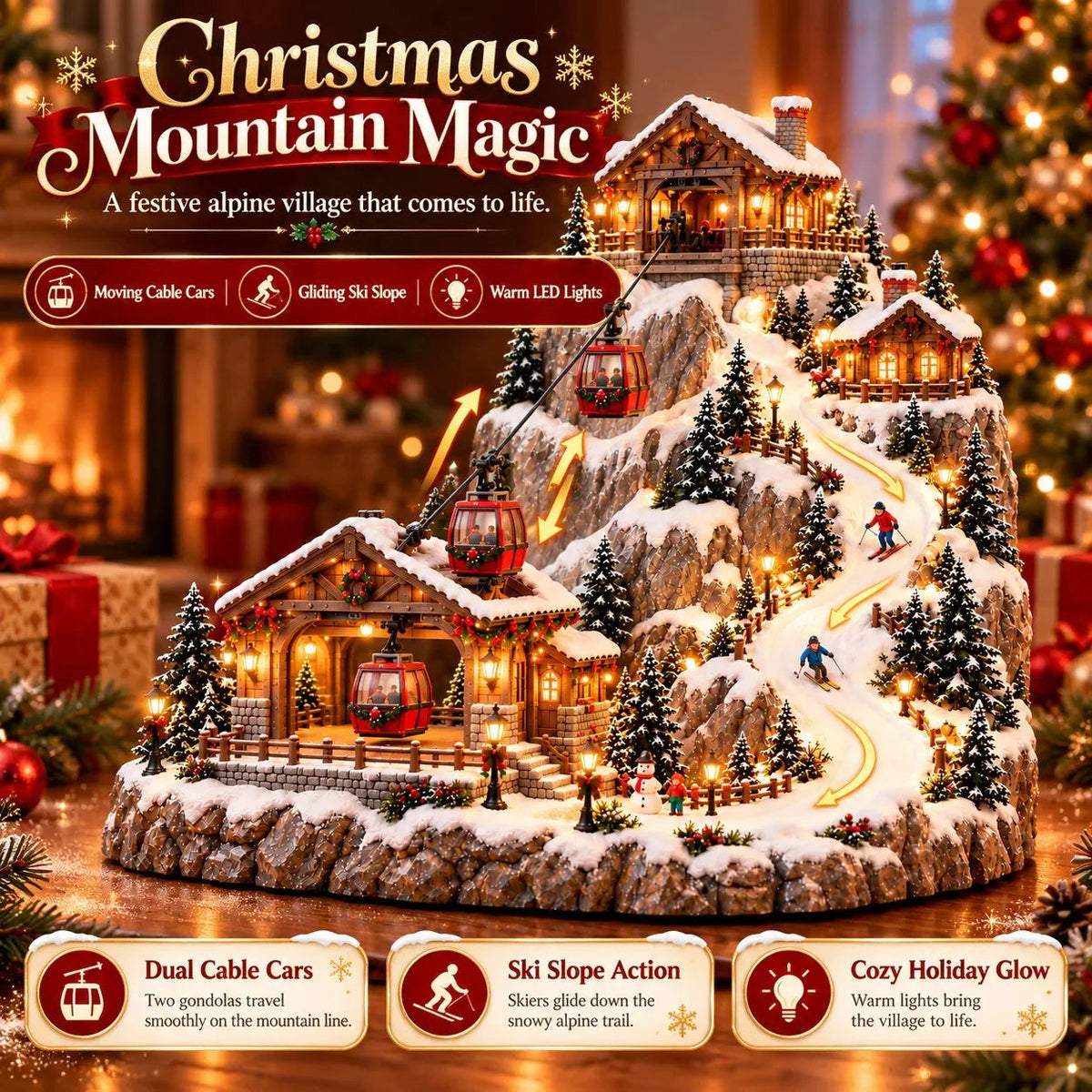 Christmas mountain village highlighting moving cable cars ski slope action and warm lights