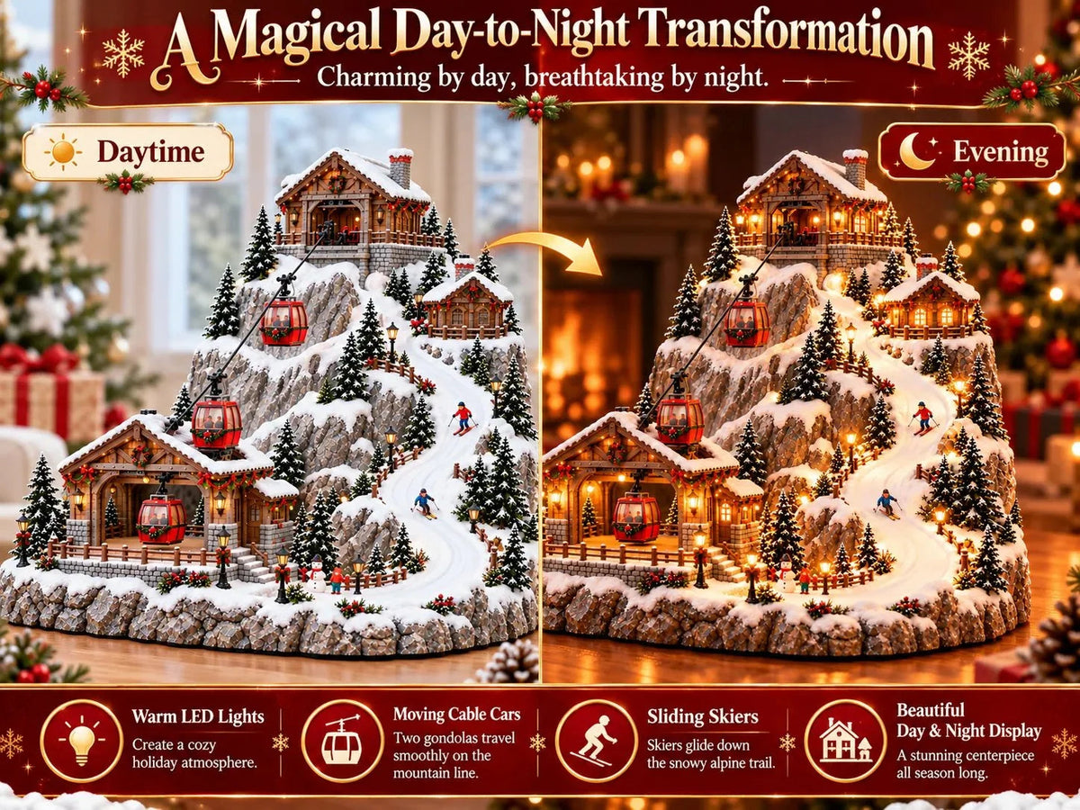 Day and night comparison of the animated Christmas mountain village