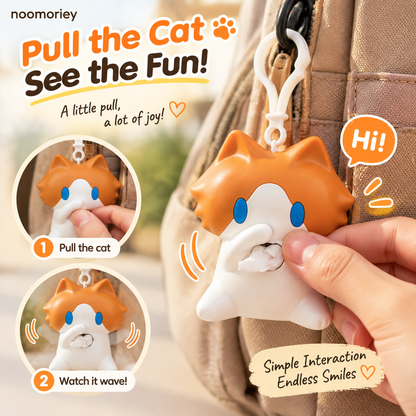 🐱 Interactive Waving Cat Keychain & Backpack Charm – Pull to Make It Wave