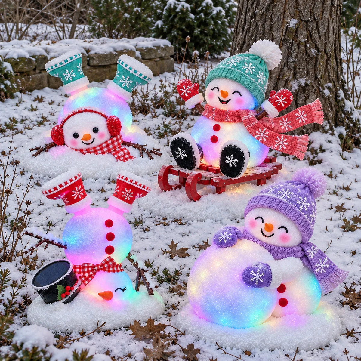 ☃️ Light-Up Christmas Snowmen – 4 Playful Holiday Characters, Individual Styles or Full Set