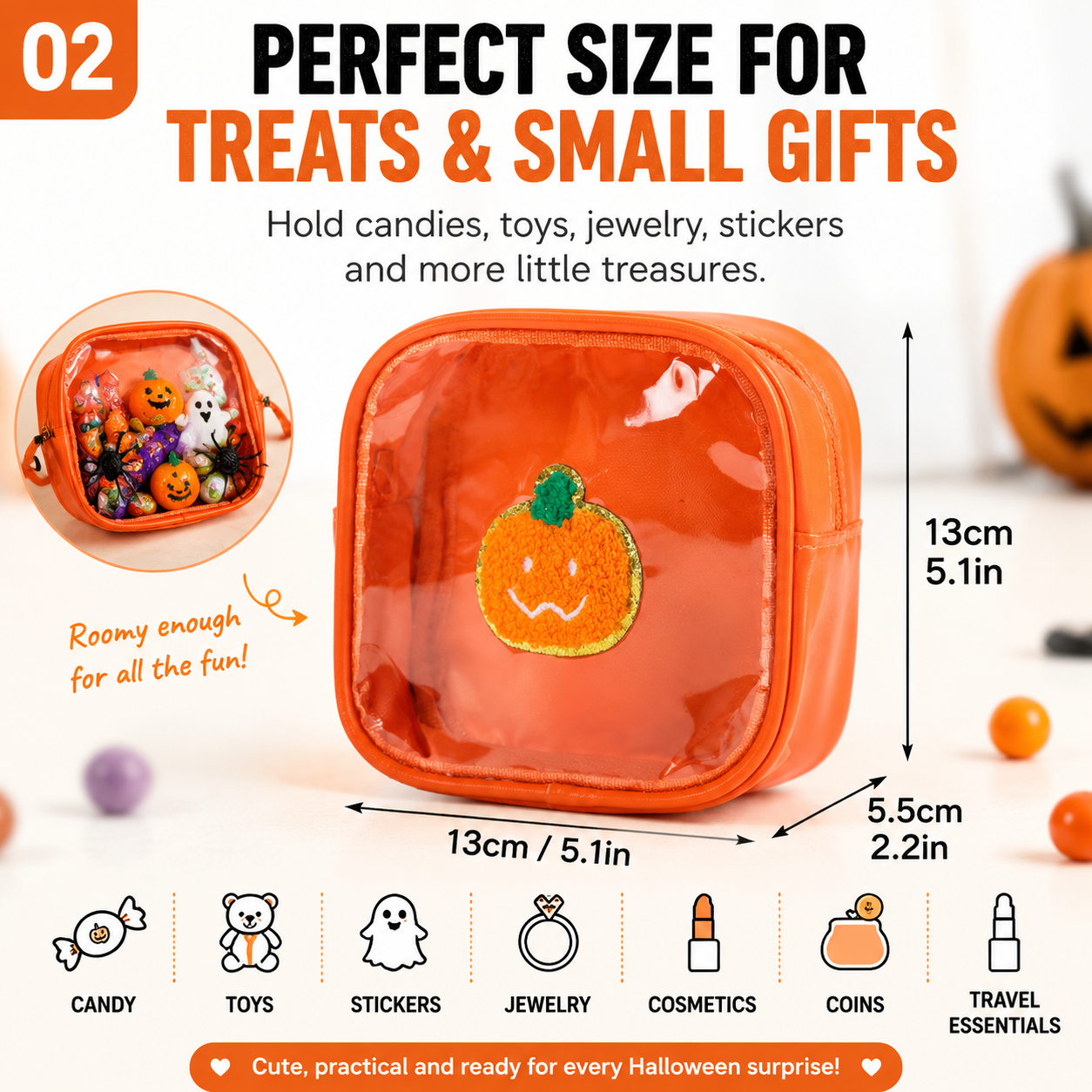 🎃 Halloween Mini Clear Pouch – Cute Pumpkin Ghost Bat Treat Bag for Candy, Makeup & Small Treasures