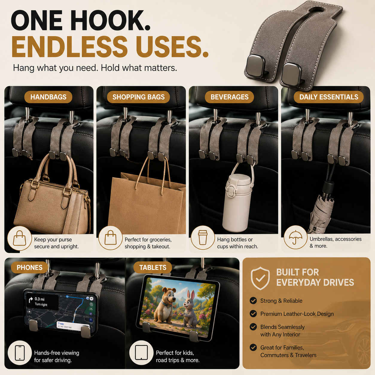 🚗 2-in-1 Car Headrest Organizer Hook & Phone Holder – Keep Bags Secure & Your Car Clutter-Free