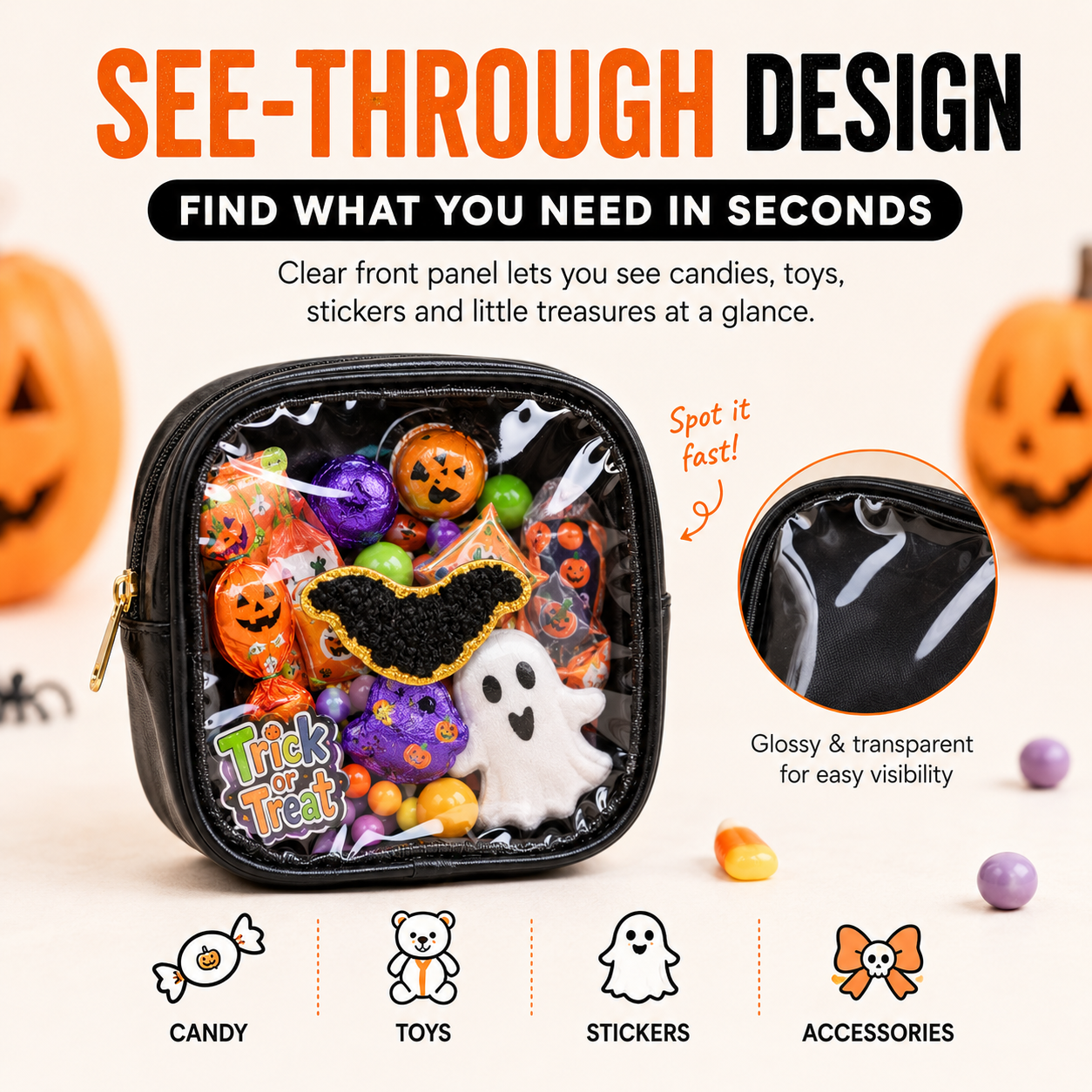 🎃 Halloween Mini Clear Pouch – Cute Pumpkin Ghost Bat Treat Bag for Candy, Makeup & Small Treasures