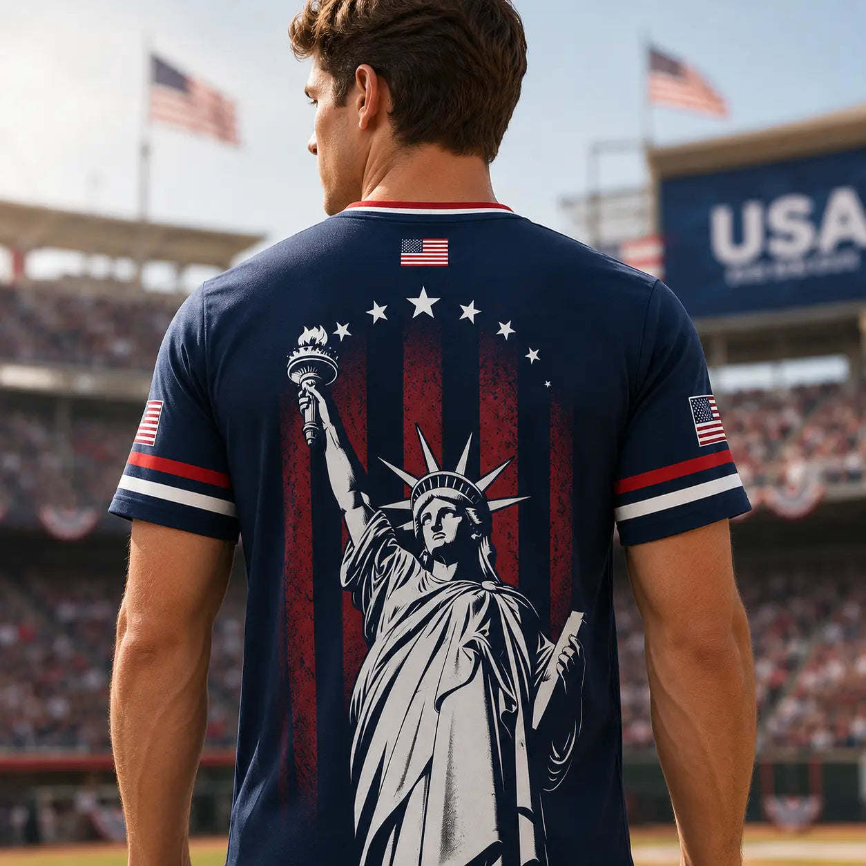 USA Soccer Jersey Men Women Navy Patriotic American Flag Football Shirt Statue of Liberty Graphic V Neck Sports Tee Red White Blue Stars Stripes Short Sleeve Athletic Top 4th of July Independence Day Fan ApparelUSA Soccer Jersey Men Women Navy Patriotic A
