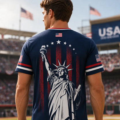 USA Soccer Jersey Men Women Navy Patriotic American Flag Football Shirt Statue of Liberty Graphic V Neck Sports Tee Red White Blue Stars Stripes Short Sleeve Athletic Top 4th of July Independence Day Fan ApparelUSA Soccer Jersey Men Women Navy Patriotic A