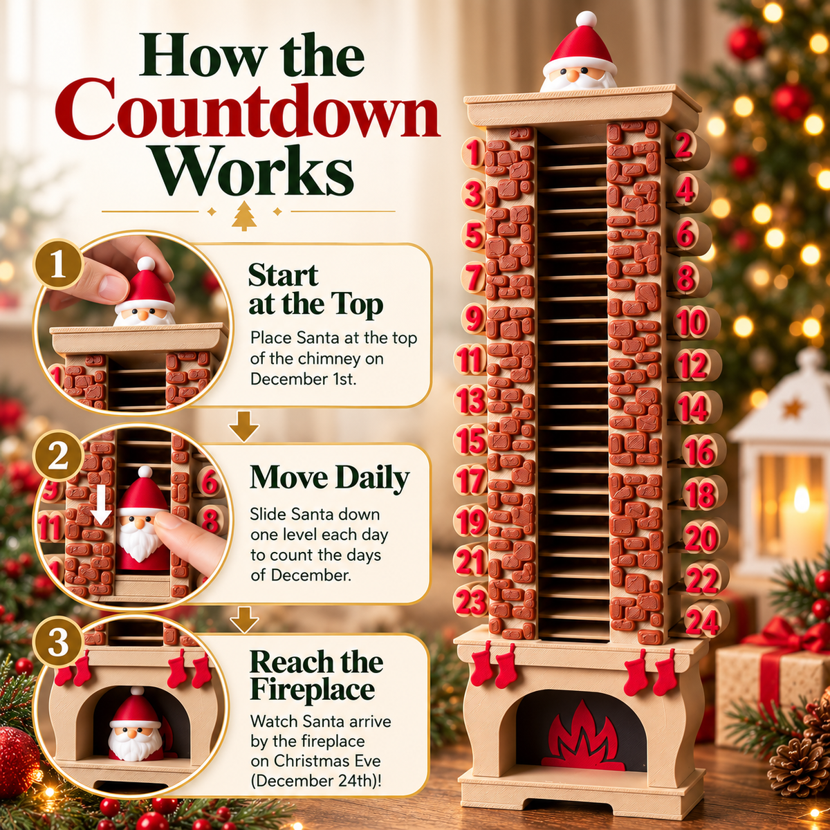 🎅Santa Chimney Christmas Countdown Calendar – 24-Day Holiday Advent Decoration🏠
