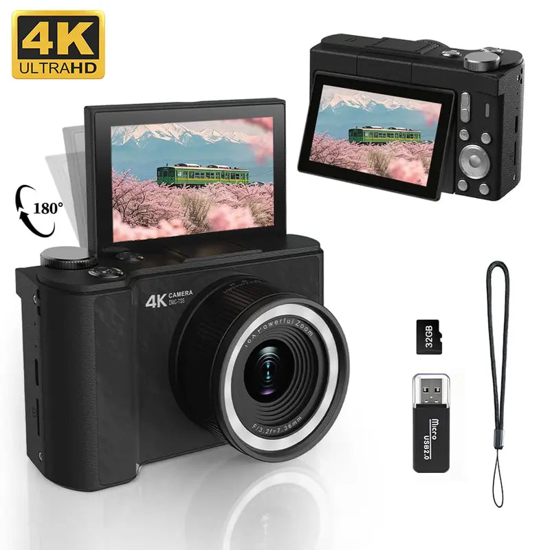 4K Flip-Screen Vlogging Camera with Built-In Ring Light – 32GB Bundle