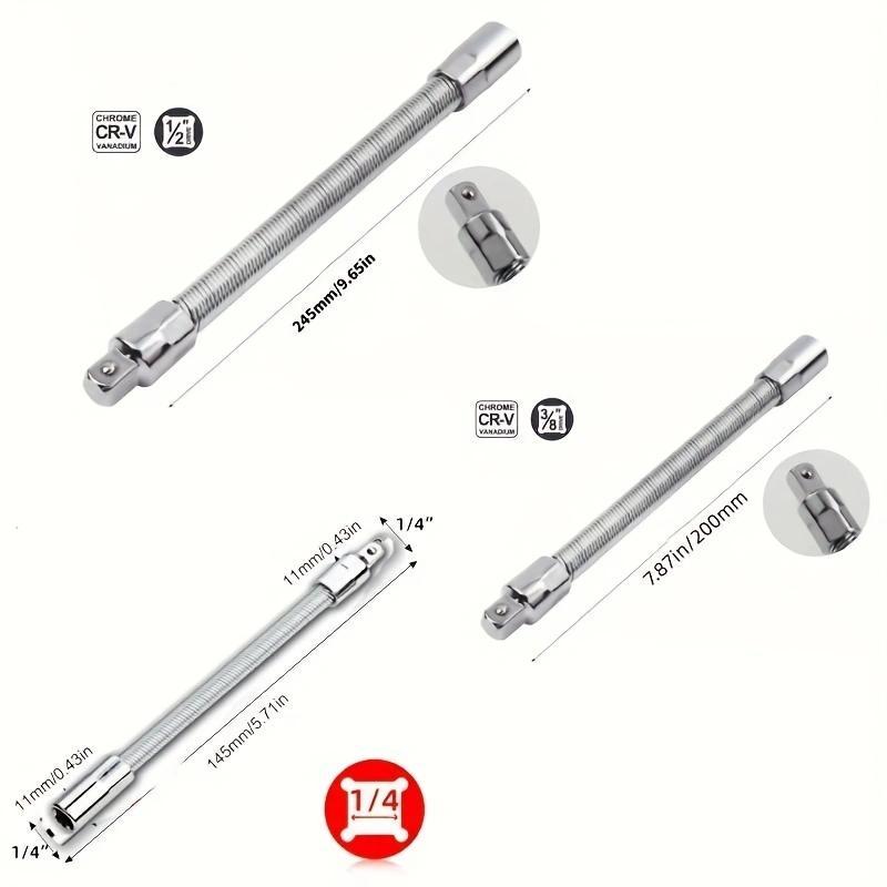 Flexible Socket Extension Set 3PCS – 1/4" 3/8" 1/2" CR-V Steel Bendable Wrench Adapter for Deep Engine & Car Repair