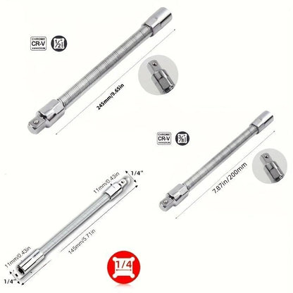 Flexible Socket Extension Set 3PCS – 1/4" 3/8" 1/2" CR-V Steel Bendable Wrench Adapter for Deep Engine & Car Repair