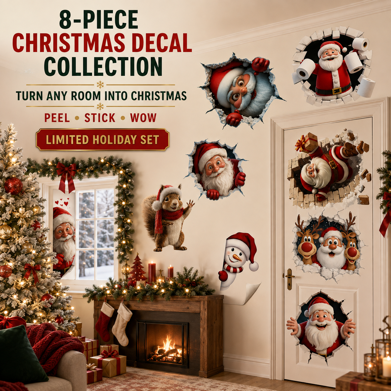 🎅 3D Santa Christmas Wall Decal | Festive Holiday Decor