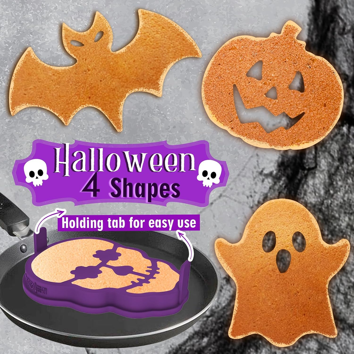 🎃 4-Piece Halloween Pancake Mold Set – Ghost, Bat, Pumpkin & Skull Silicone Breakfast Shapers