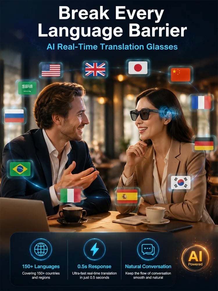 🕶️ AI Smart Translation Glasses – Real-Time Language Translator Glasses with Photochromic Lenses & HD Audio for Travel and Business