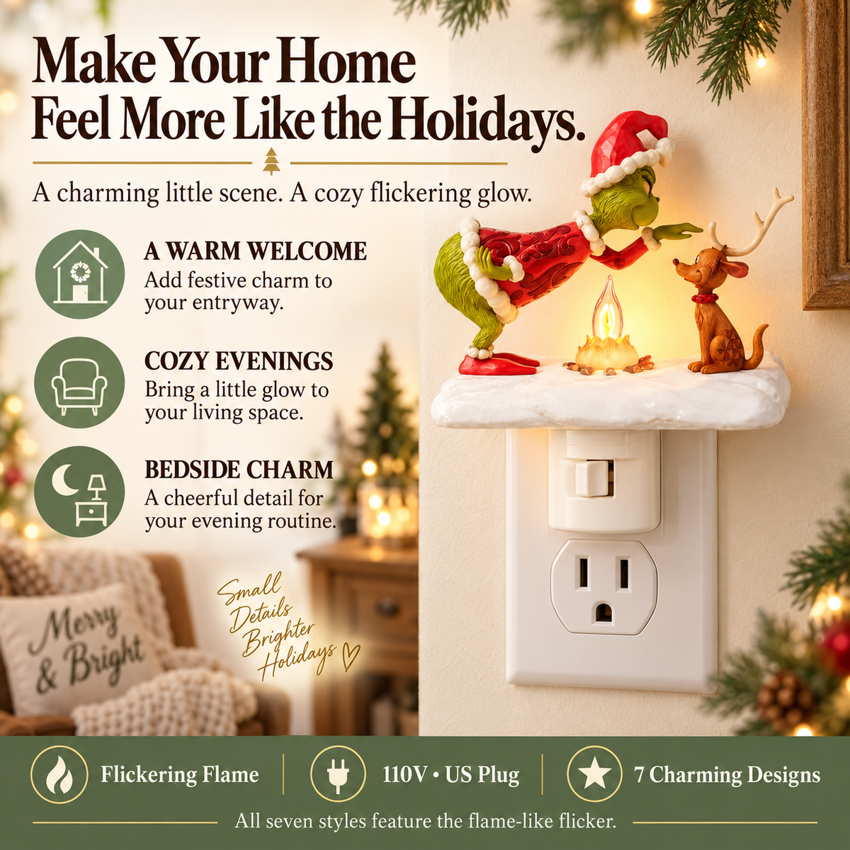 Flickering Campfire Plug-In Night Light – 7 Charming Holiday Designs