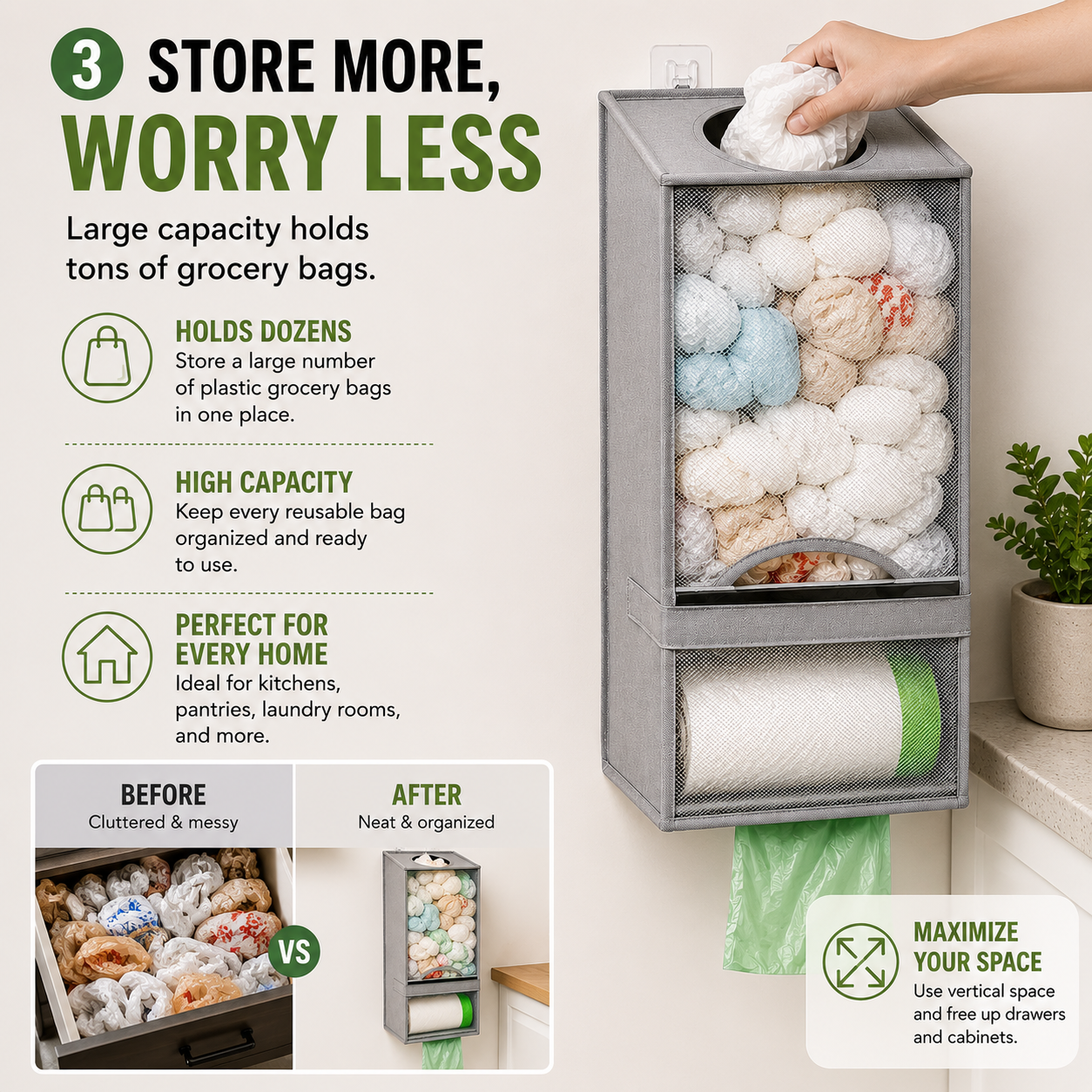🛍️ 2-in-1 Wall-Mounted Grocery Bag Organizer – Reuse Bags & Save Drawer Space
