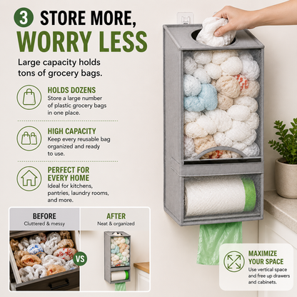 🛍️ 2-in-1 Wall-Mounted Grocery Bag Organizer – Reuse Bags & Save Drawer Space