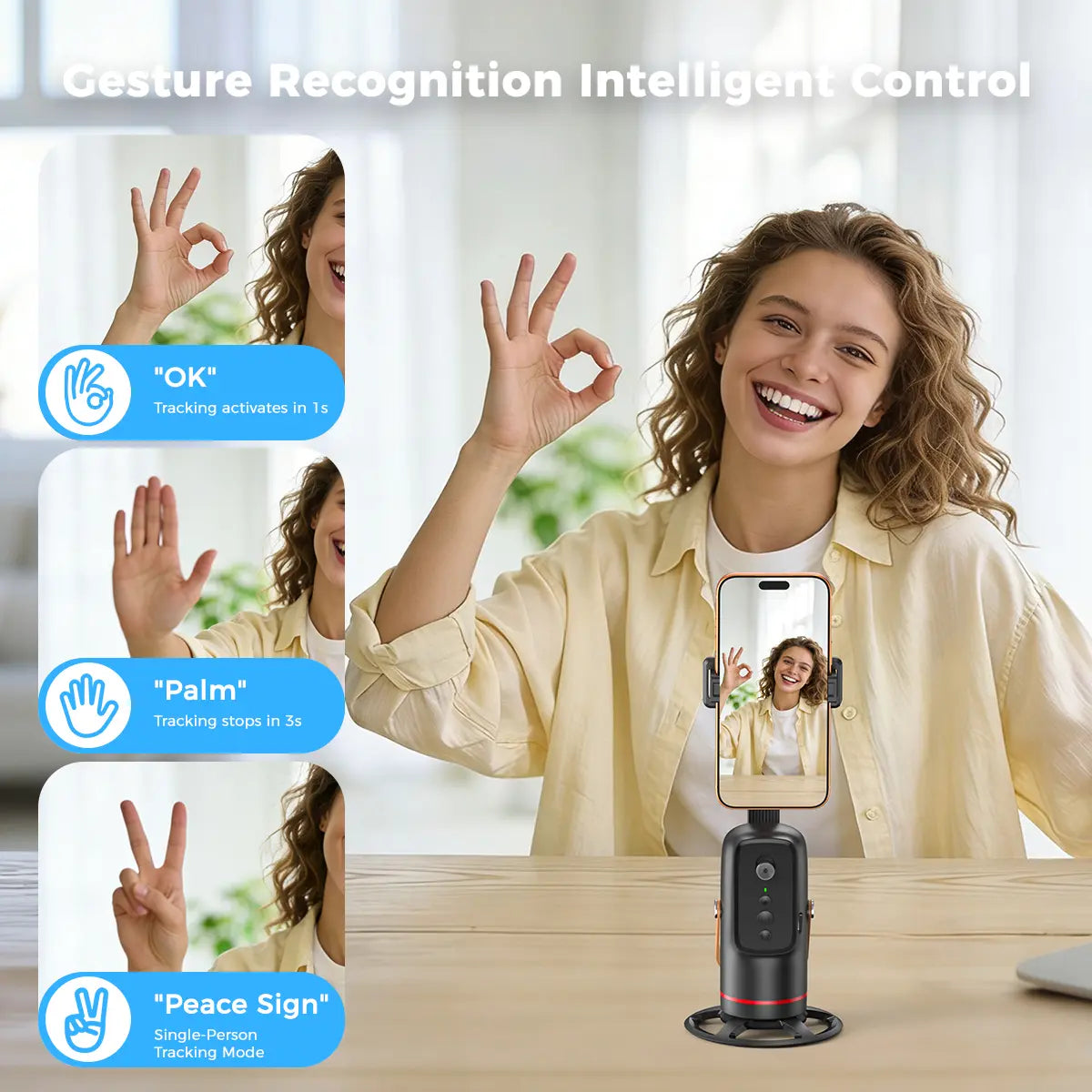 Auto Face Tracking Tripod for Smartphones & Cellphones - Gesture Control, 360-Degree Camera Mount Selfie Accessories, Smart Shooting Phone Mount, Smartphone Camera Accessories for Vlogging, Live Streaming