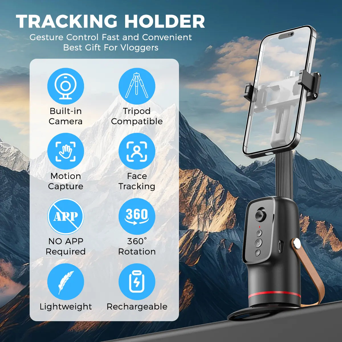 Auto Face Tracking Tripod for Smartphones & Cellphones - Gesture Control, 360-Degree Camera Mount Selfie Accessories, Smart Shooting Phone Mount, Smartphone Camera Accessories for Vlogging, Live Streaming