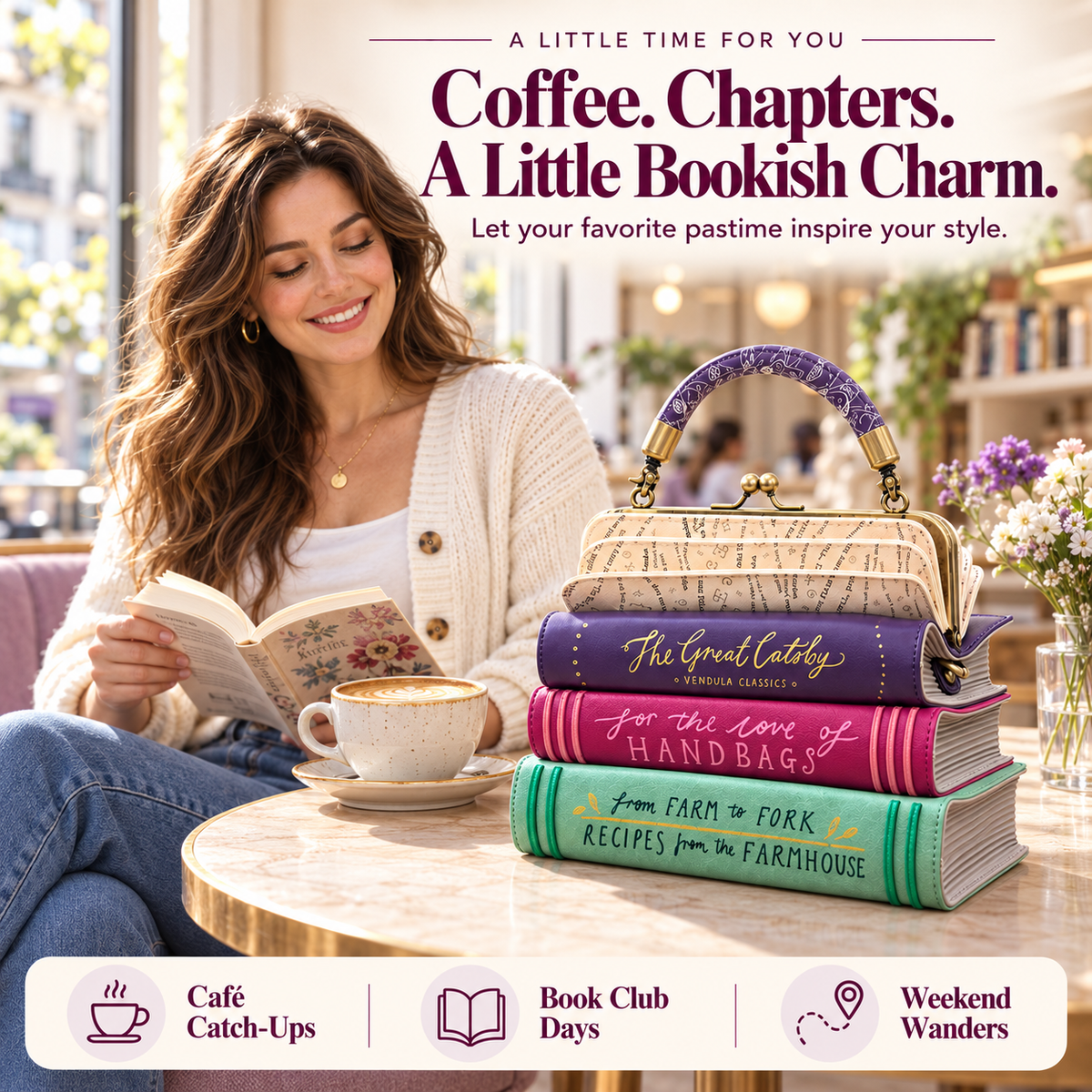 Vintage book stack handbag at cafe with reader