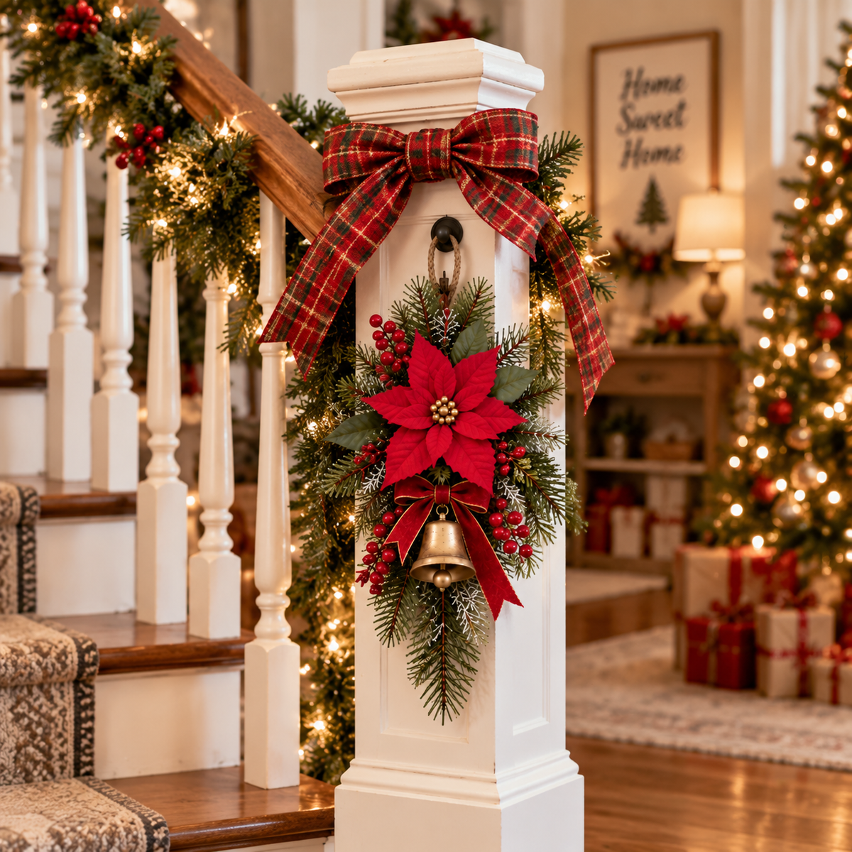 Classic Red Poinsettia Christmas Door Swag