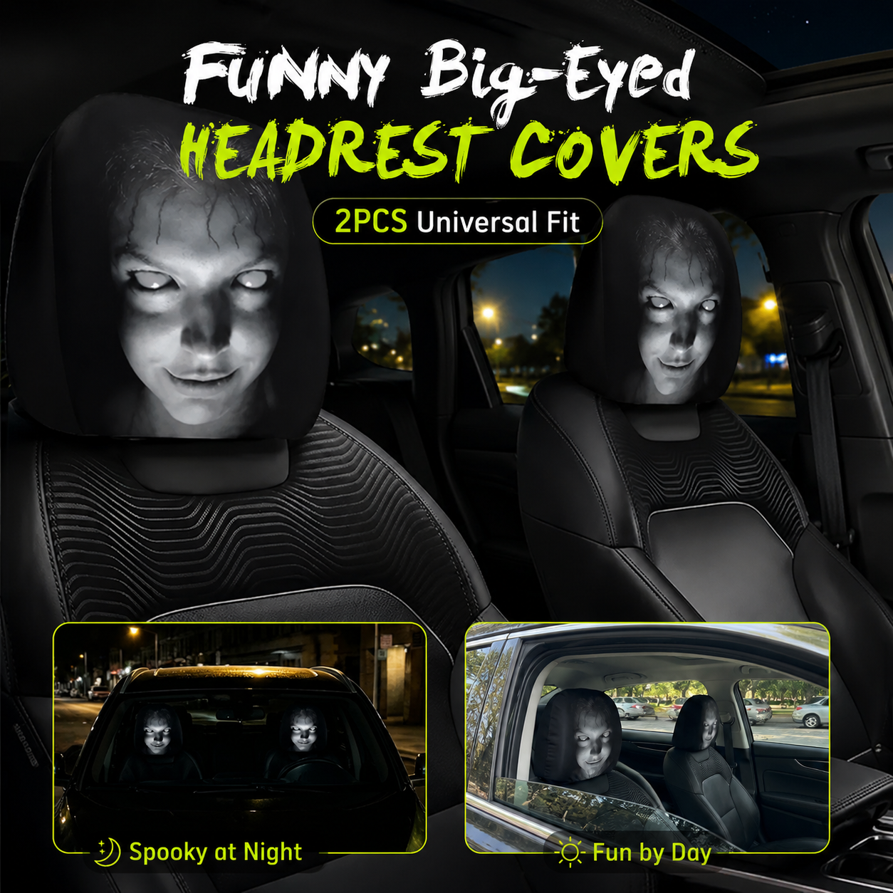 😆 Funny Cartoon Car Headrest Covers – 2PCS 2D Universal Fit 🚗