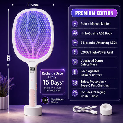 2-in-1 Rechargeable Electric Mosquito Zapper Racket with Auto Mode & Digital Display