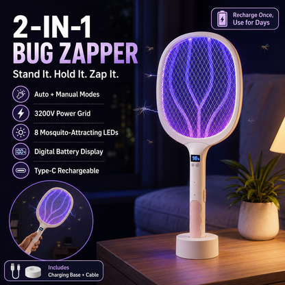 2-in-1 Rechargeable Electric Mosquito Zapper Racket with Auto Mode & Digital Display