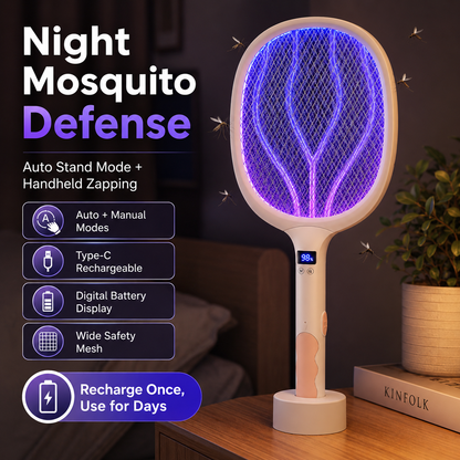2-in-1 Rechargeable Electric Mosquito Zapper Racket with Auto Mode & Digital Display