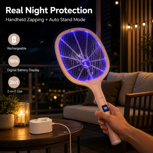 2-in-1 Rechargeable Electric Mosquito Zapper Racket with Auto Mode & Digital Display