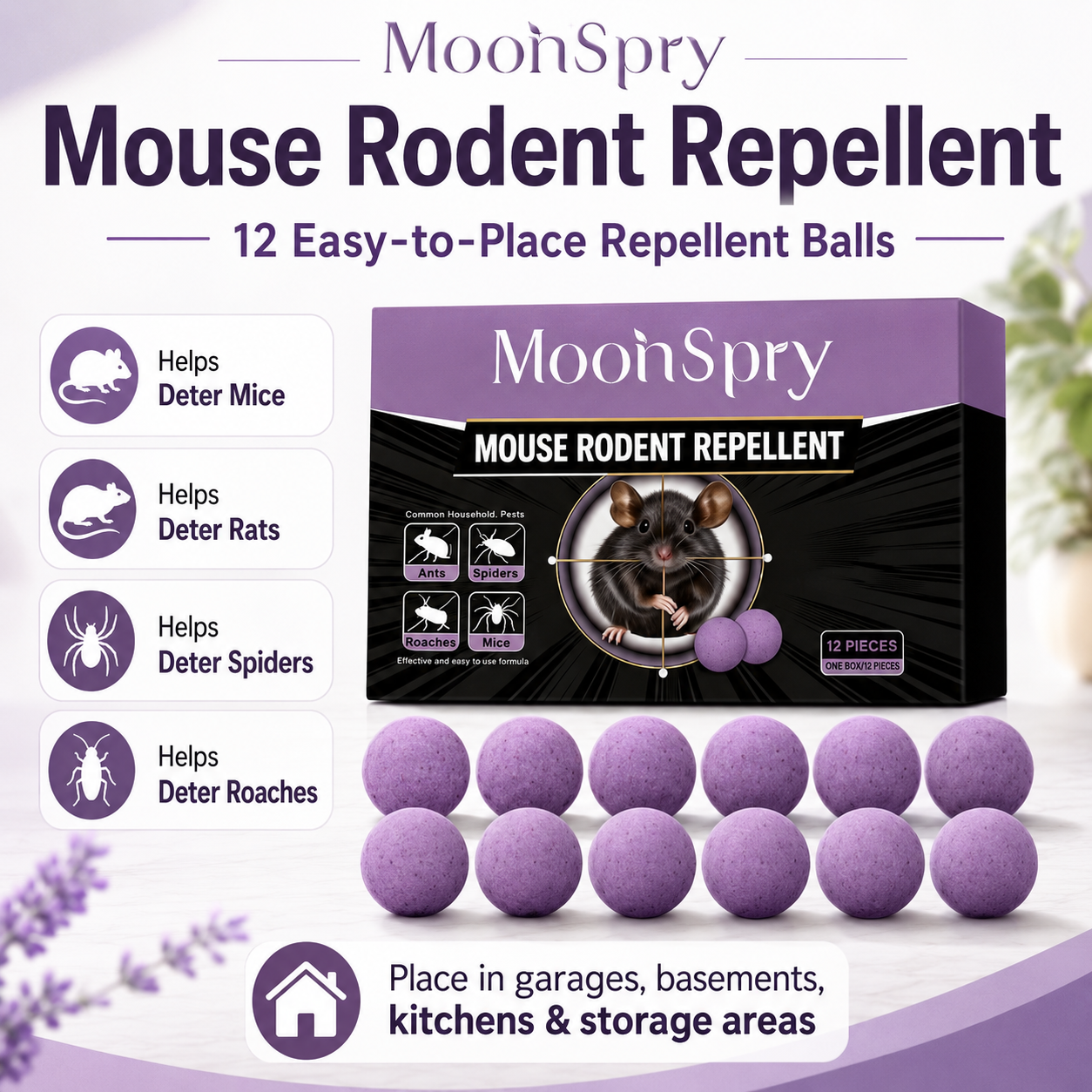 MoonSpry 12-Pack Mouse, Rodent & Snake Repellent Balls – Easy Place-and-Go Pest Deterrent