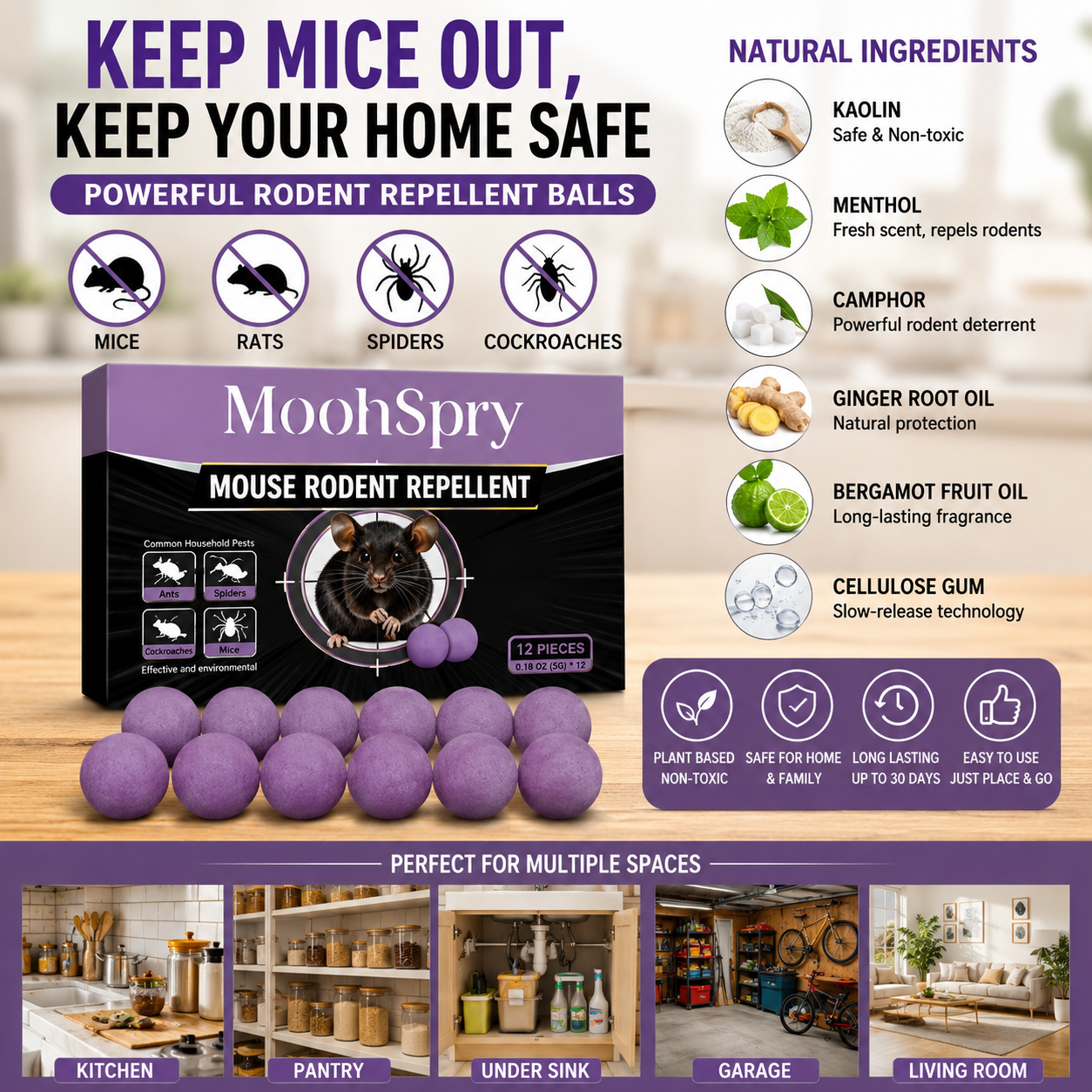 MoonSpry 12-Pack Mouse, Rodent & Snake Repellent Balls – Easy Place-and-Go Pest Deterrent