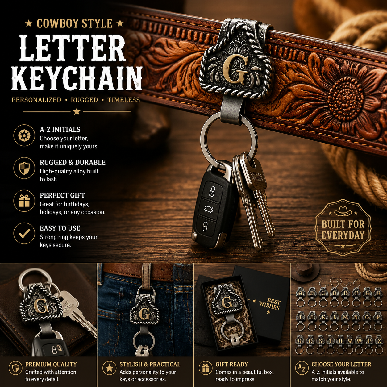 Western Letter Keychain – Cowboy Style Personalized Belt Keychain A-Z Initial Gift