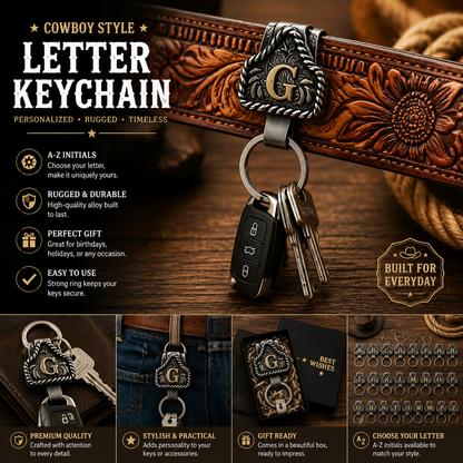 Western Letter Keychain – Cowboy Style Personalized Belt Keychain A-Z Initial Gift