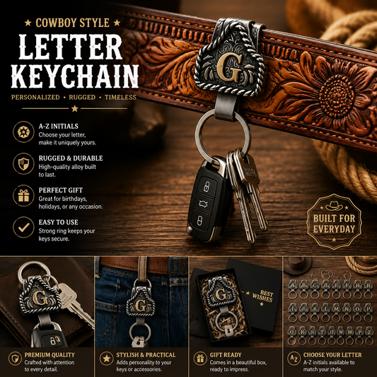 Western Letter Keychain – Cowboy Style Personalized Belt Keychain A-Z Initial Gift