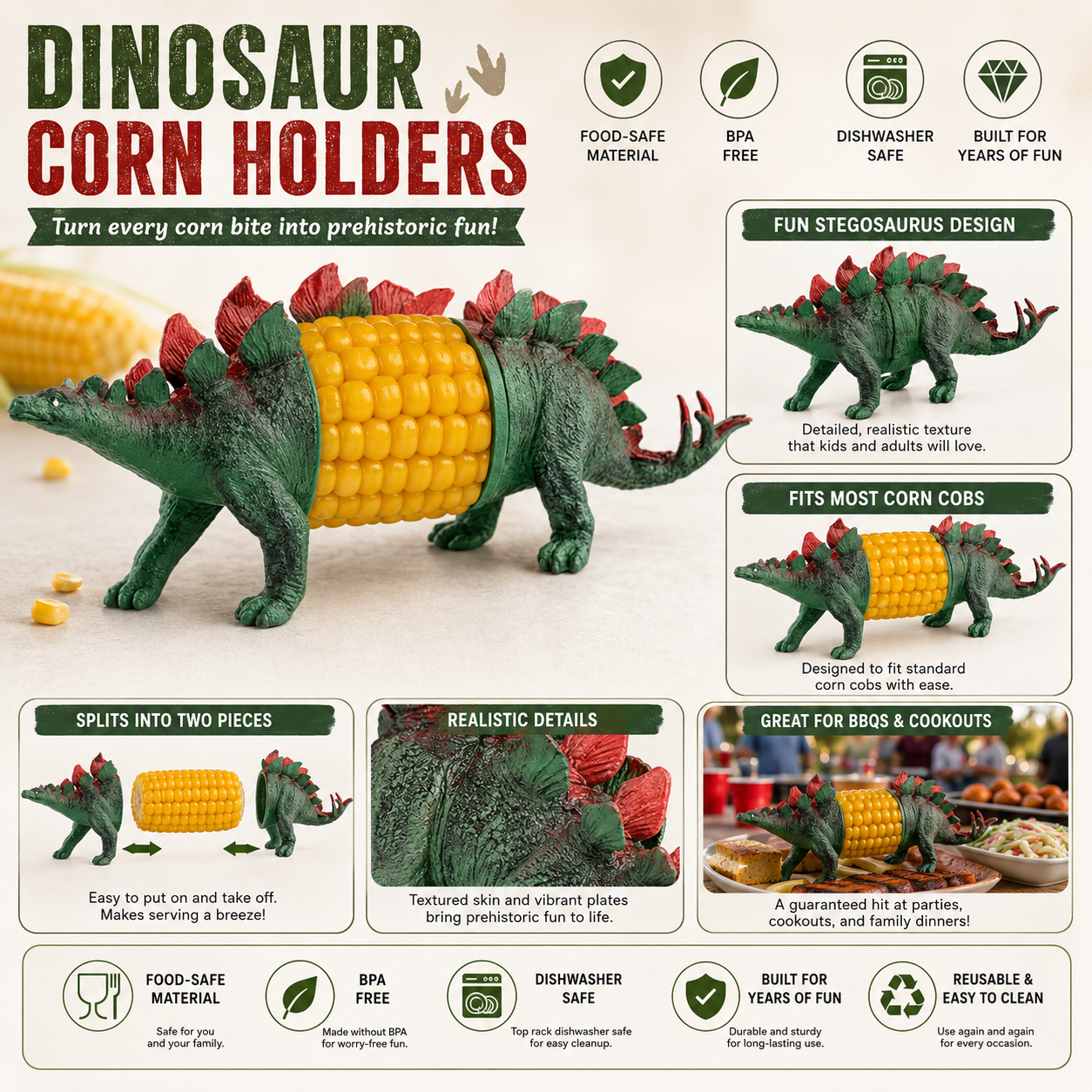🦖 Cute Dinosaur Corn Holders – Fun Stainless Steel BBQ Kitchen Gadget Set