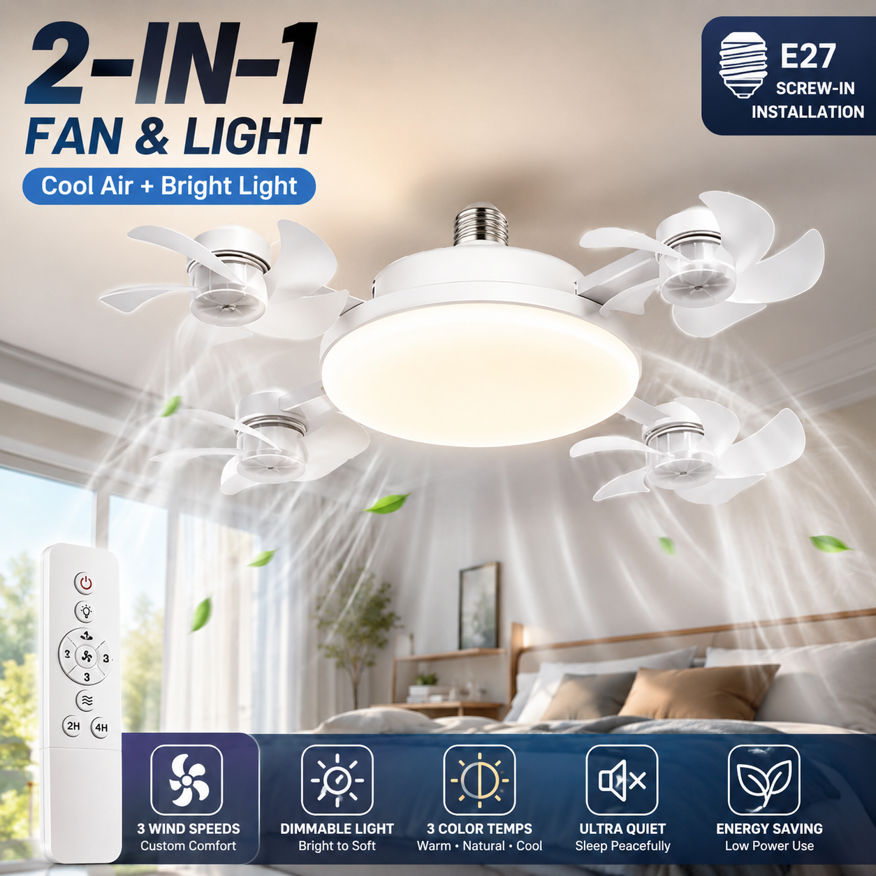 2026 New E27 Socket Ceiling Fan Light - 2-in-1 Silent LED Fan with Remote Control, Energy-Saving Cooling & Lighting Combo for Home Bedroom