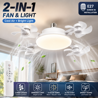 2026 New E27 Socket Ceiling Fan Light - 2-in-1 Silent LED Fan with Remote Control, Energy-Saving Cooling & Lighting Combo for Home Bedroom
