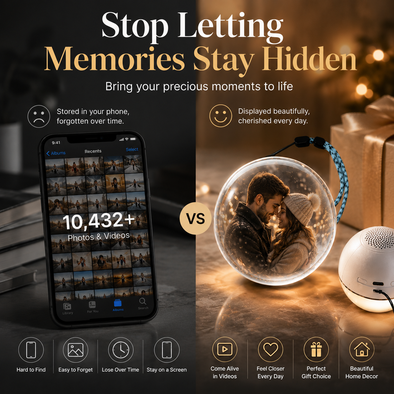 3D Crystal Ball 2.7In Personalized Light-up Sphere with Digital Video & Photo Display Custom Gift for Babies Couples & Pets black