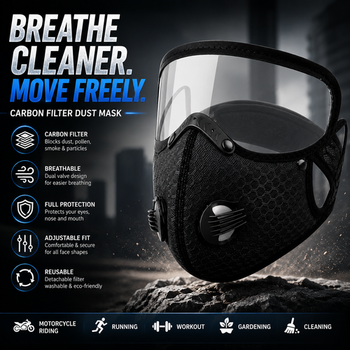 Carbon Filter Dust Mask Breathable | Reusable Detachable Adjustable | For Running Workout Motorcycle Gardening