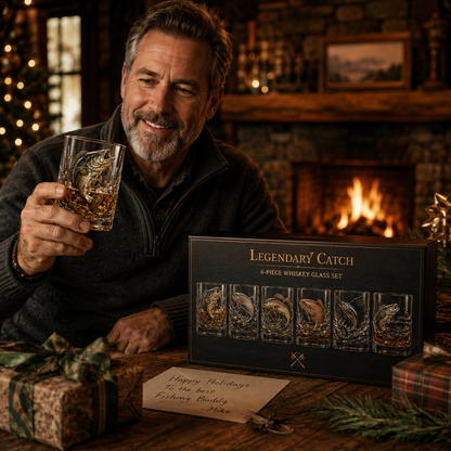 🎣 Legends of the Water – 3D Double Old-Fashioned Fishing Whiskey Glass Collection 🥃