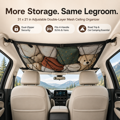 🚙 Ceiling Cargo Net 31"x21" – Double-Layer SUV Roof Organizer for Road Trips