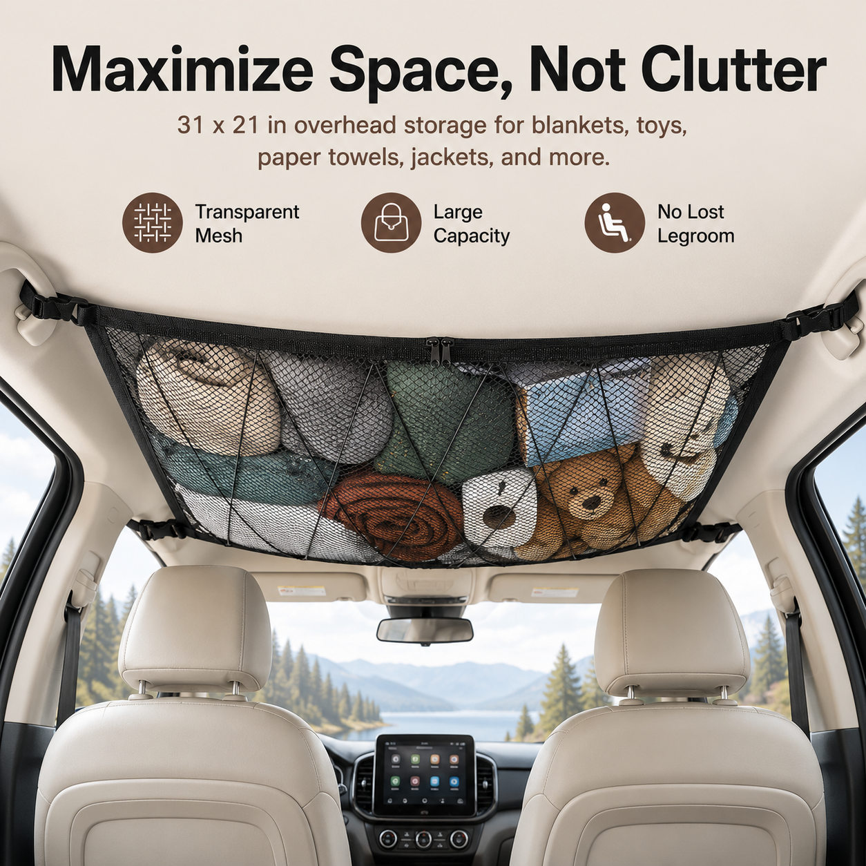 🚙 Ceiling Cargo Net 31"x21" – Double-Layer SUV Roof Organizer for Road Trips